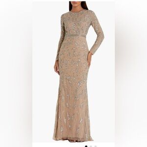 Mac Duggal Nude Long Sleeve Beaded Evening Gown with Silver Embellishment